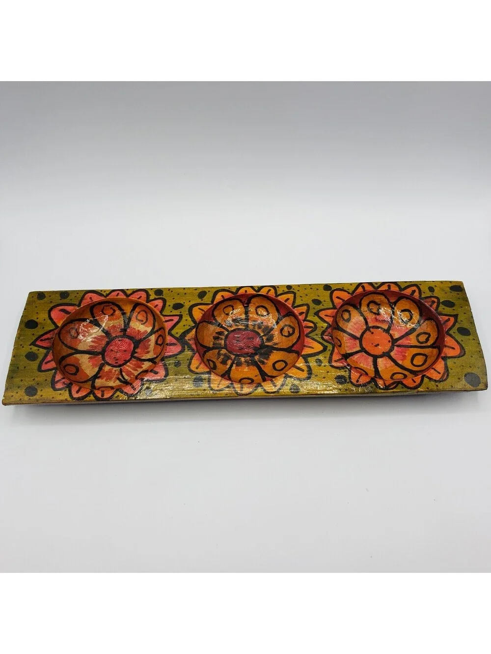 Hand Painted Divided Wood Tray Rectangle 3 Section Floral Boho Votive Holder
